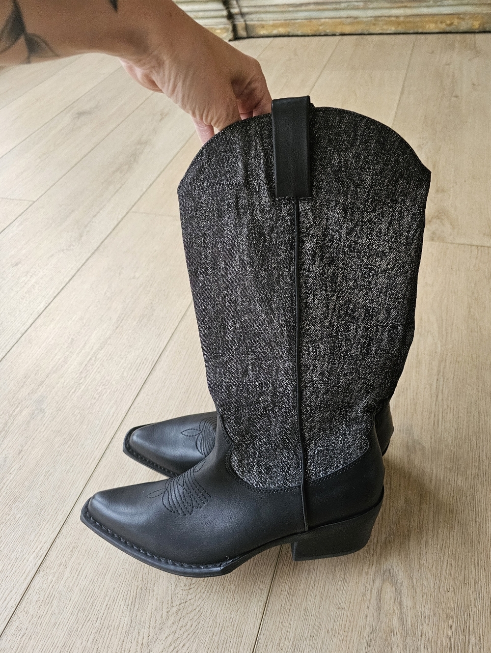 Matisse x Free People Banks Western Black Wash Denim Western Cowgirl Cowboy Boot